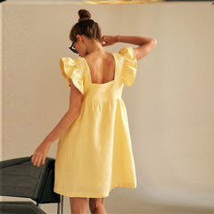 Casual Dress Women Yellow Skirt Loose Casual Ruffled Flying Sleeve Dress Chiffon Skirt