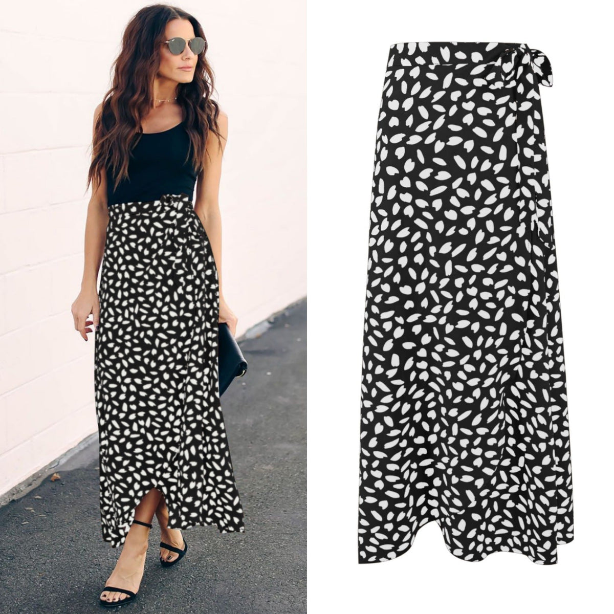 Ladies Polka Dot Printed Split Long Skirt
