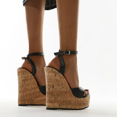 European And American Fashion Simple Wedge Sandals One Word Buckle High Heel Women'S Shoes