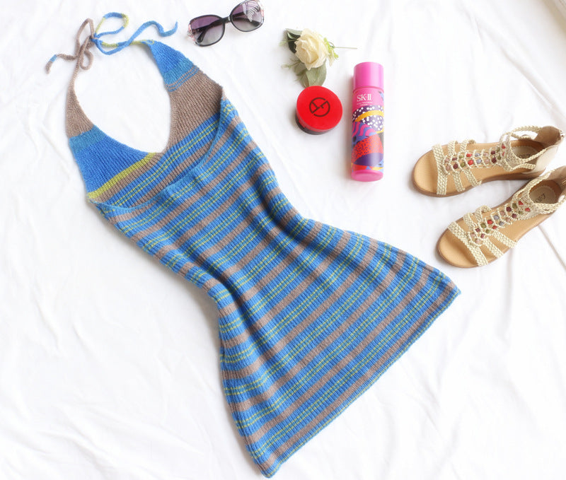 Hanging Neck Knitted Dress Female Summer Seaside Net Red Ins Slim Slimming Suspender Skirt Striped Halter Skirt