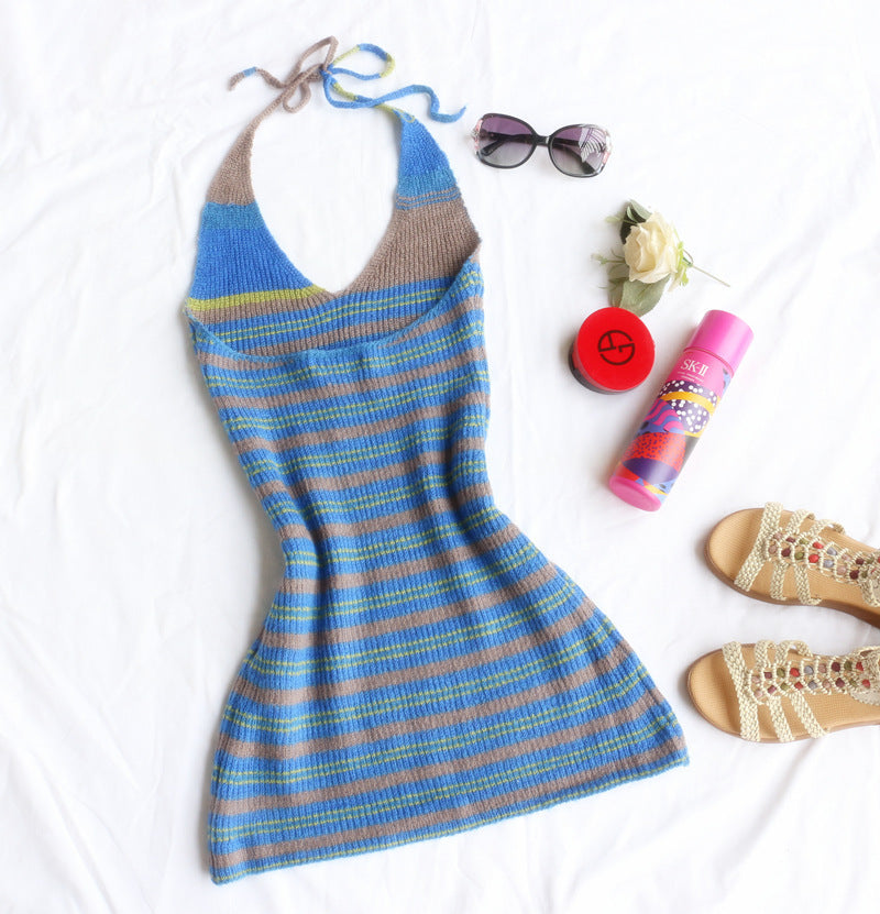 Hanging Neck Knitted Dress Female Summer Seaside Net Red Ins Slim Slimming Suspender Skirt Striped Halter Skirt