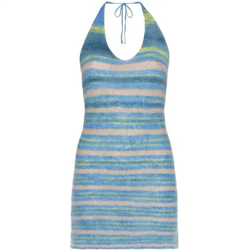 Hanging Neck Knitted Dress Female Summer Seaside Net Red Ins Slim Slimming Suspender Skirt Striped Halter Skirt