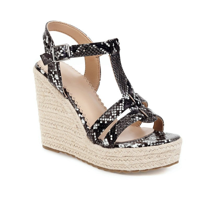 Large Size Snake Print Wedge Sandals Platform High Heel Buckle Women Summer New Ladies High Heel Sandals T4585