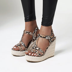 Large Size Snake Print Wedge Sandals Platform High Heel Buckle Women Summer New Ladies High Heel Sandals T4585