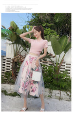 Women Irregular T Shirt Mesh Skirts Suits Tops Vintage Skirt