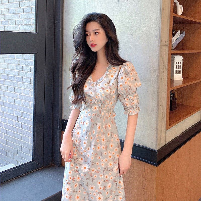 Daphne Maxi Dress – Beige & Blue Floral Print, Bump-Friendly Maternity Style