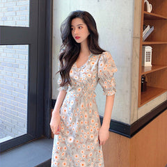 Daphne Maxi Dress – Beige & Blue Floral Print, Bump-Friendly Maternity Style