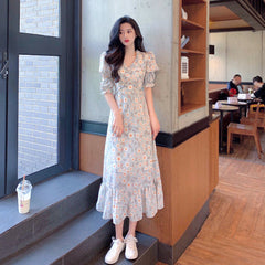 Daphne Maxi Dress – Beige & Blue Floral Print, Bump-Friendly Maternity Style