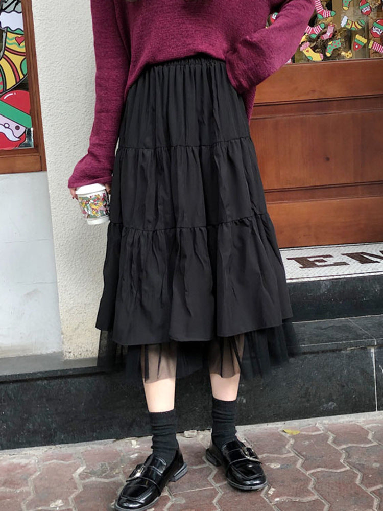 Half-Length Skirt Female New Fairy Skirt Temperament Student Was Thin Mid-Length Stitching Mesh A-Line Skirt