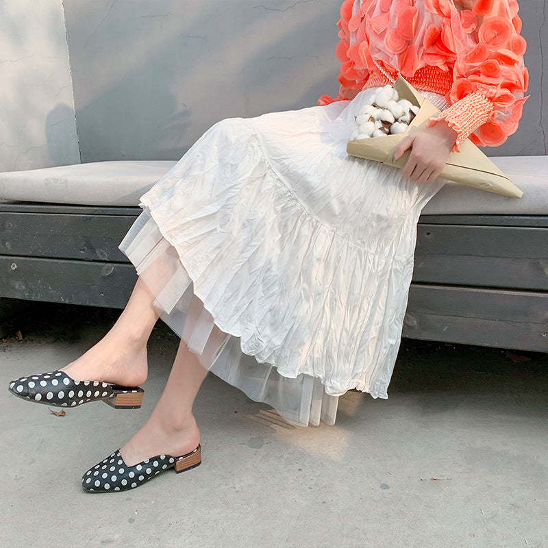 Half-Length Skirt Female New Fairy Skirt Temperament Student Was Thin Mid-Length Stitching Mesh A-Line Skirt
