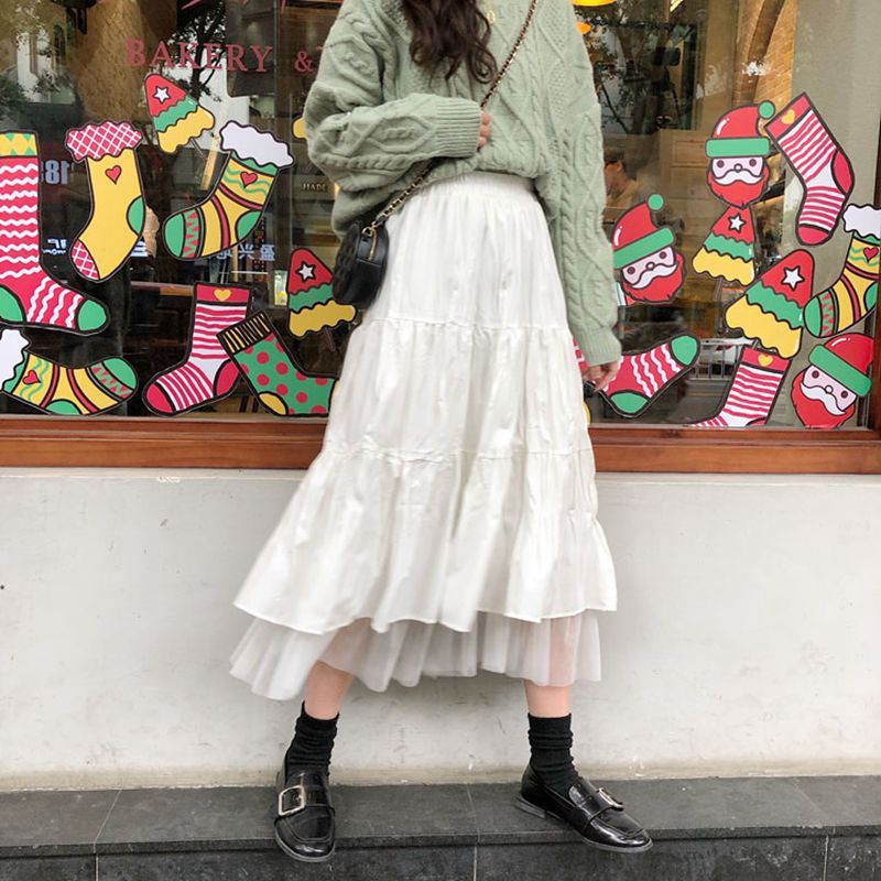 Half-Length Skirt Female New Fairy Skirt Temperament Student Was Thin Mid-Length Stitching Mesh A-Line Skirt