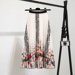 Printed Mid-Length Pleated Large Hem A-Line Skirt