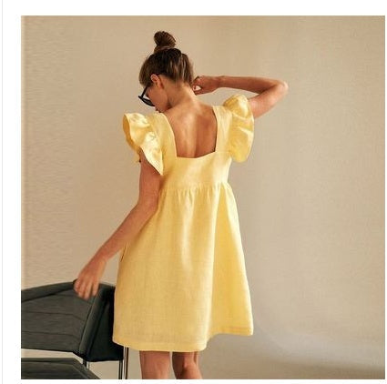 Yellow Skirt Loose Casual Ruffled Flying Sleeve Dress Chiffon Skirt