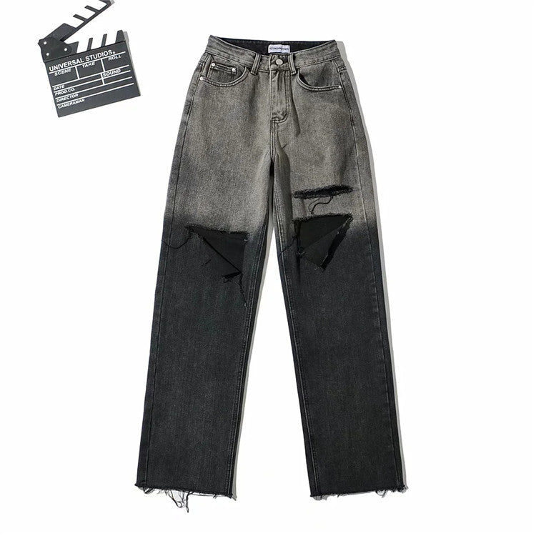 Street Hipster Boyfriend Style Personality Ripped Jeans Spring New Women's Pants Fashion Gradient Color Design Straight Pants