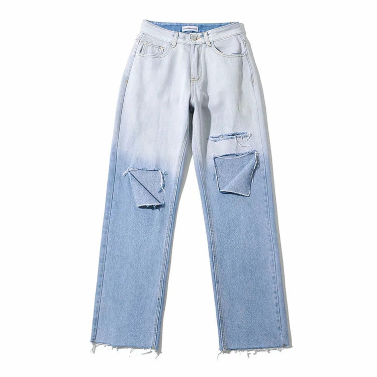 Street Hipster Boyfriend Style Personality Ripped Jeans Spring New Women's Pants Fashion Gradient Color Design Straight Pants