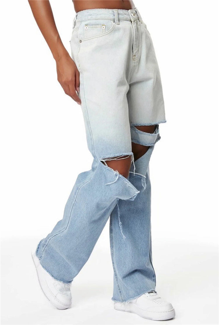 Street Hipster Boyfriend Style Personality Ripped Jeans Spring New Women's Pants Fashion Gradient Color Design Straight Pants
