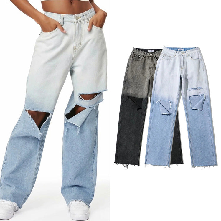 Street Hipster Boyfriend Style Personality Ripped Jeans Spring New Women's Pants Fashion Gradient Color Design Straight Pants