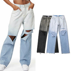 Street Hipster Boyfriend Style Personality Ripped Jeans Spring New Women's Pants Fashion Gradient Color Design Straight Pants