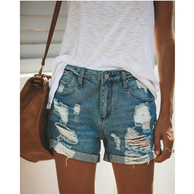 Women's Summer Street Style Denim Shorts – Sexy All-Match Straight Fit with Distressed Hole Design