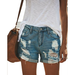 Women's Summer Street Style Denim Shorts – Sexy All-Match Straight Fit with Distressed Hole Design