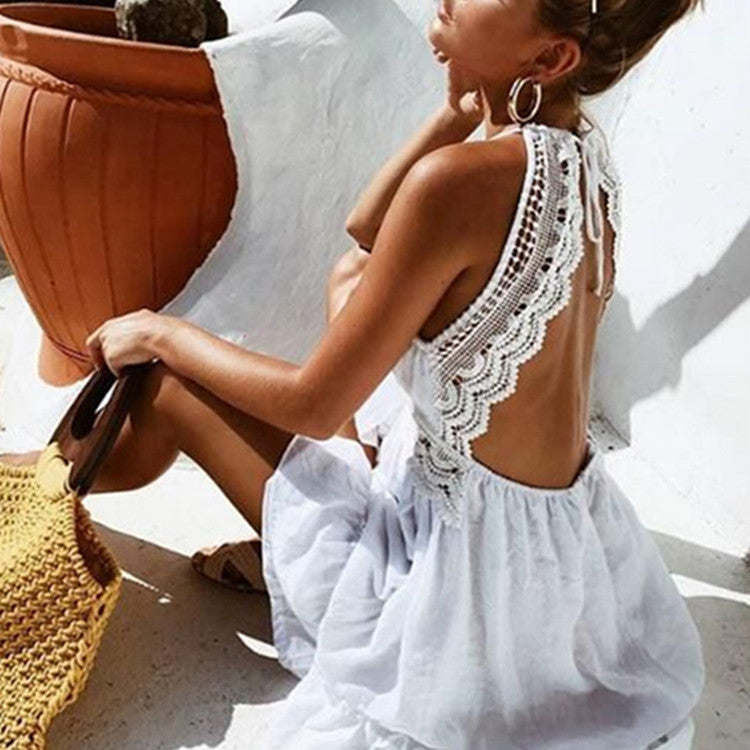 Women's Summer Mini Dress – Sexy Sleeveless V-Neck Lace Dress with Bow Tie Back and Ruffle Hem, White Beach Style