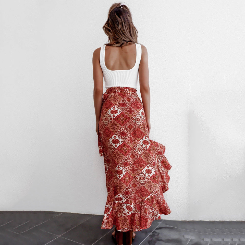 Women's Vintage Boho Maxi Skirt – Yellow Floral Print Rayon Cotton Beachwear with Ruffles and Asymmetrical Split
