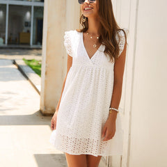 Women's V-Neck Ruffle Dress – Eyelet Embroidery Summer Sundress