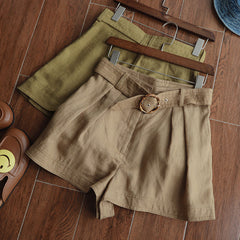 Linen Bamboo Belt Round Buckle High Waist Wide Leg Shorts