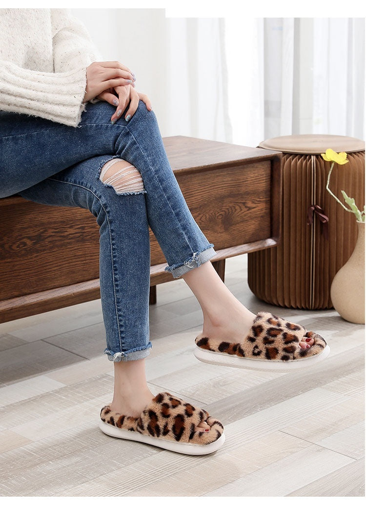 Fashionable Korean Version Leopard Print Plush Slippers For Women