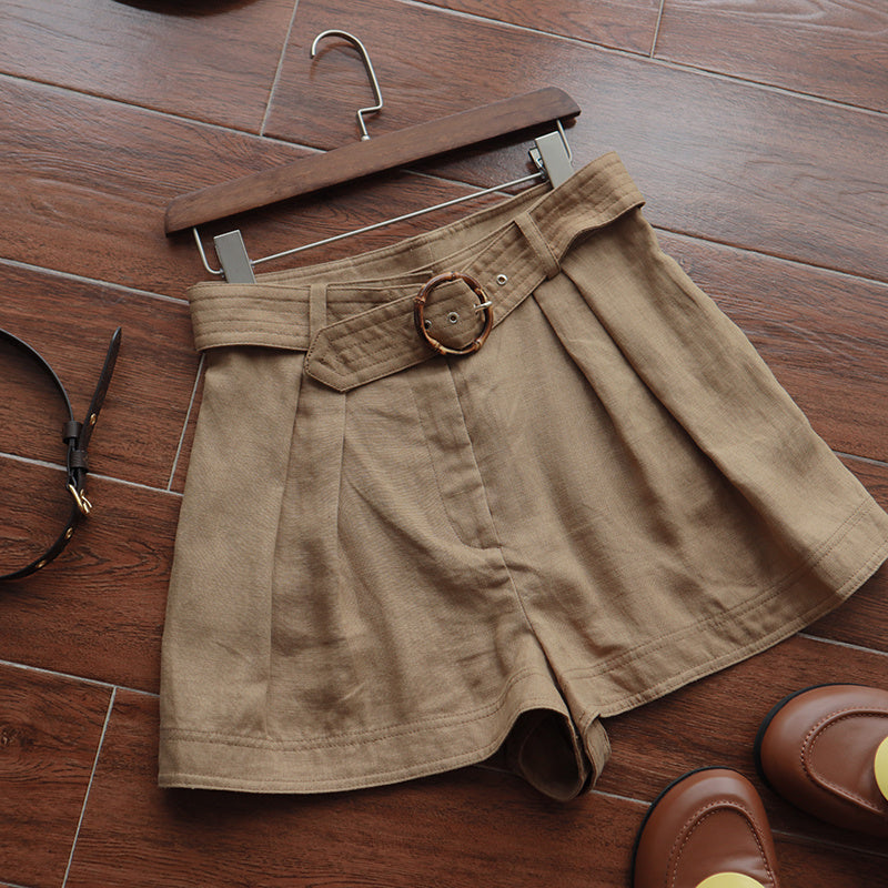 Linen Bamboo Belt Round Buckle High Waist Wide Leg Shorts