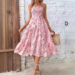 Floral Print Ruffle Hem Ruched Strap Dress – Summer Sleeveless Sundress for Women