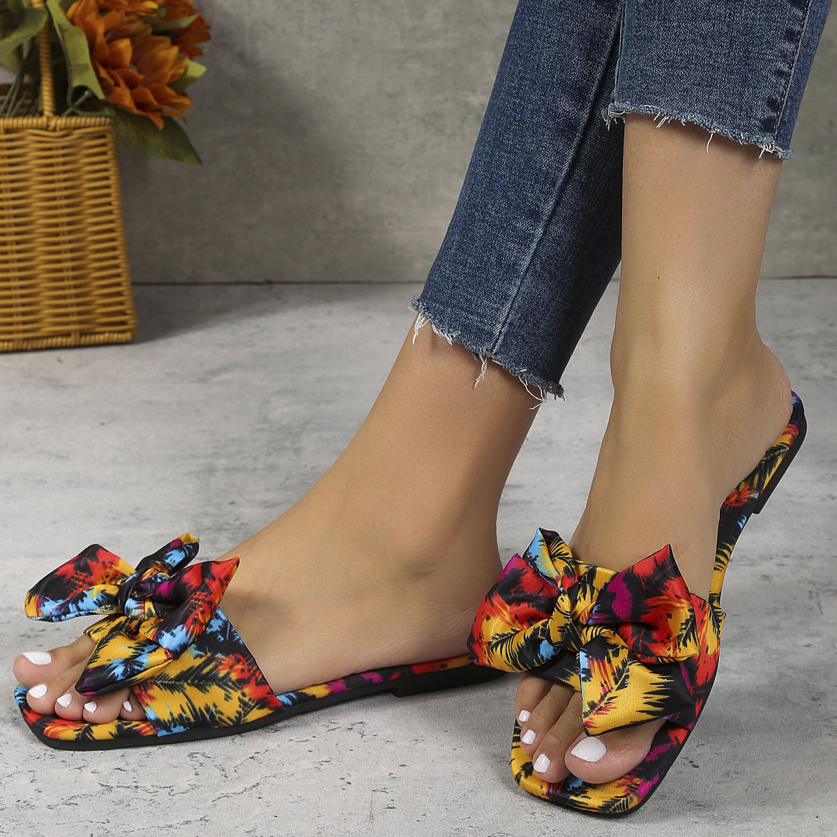 Color Bow Square Toe Flat Bottom Outdoor Casual Women's Shoes