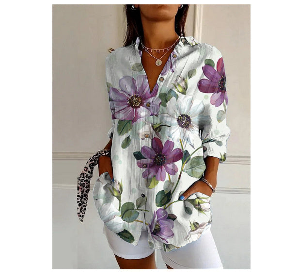 Women’s Color Matching Casual Loose Button Digital Printing Shirt - JM706 / XL - Hat