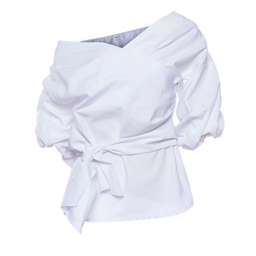 DishyKooker Slim Fit Puff Sleeve Off-Shoulder V-Neck Blouse