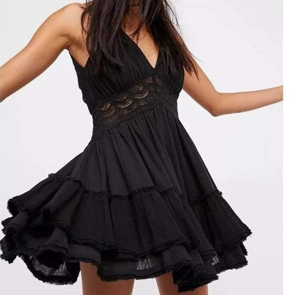 Women's Summer Mini Dress – Sexy Sleeveless V-Neck Lace Dress with Bow Tie Back and Ruffle Hem, White Beach Style