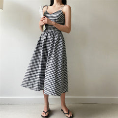 Women's Black and White Checkered Strapless Dress – Summer Slim-Fit A-Line Suspender Maxi Dress