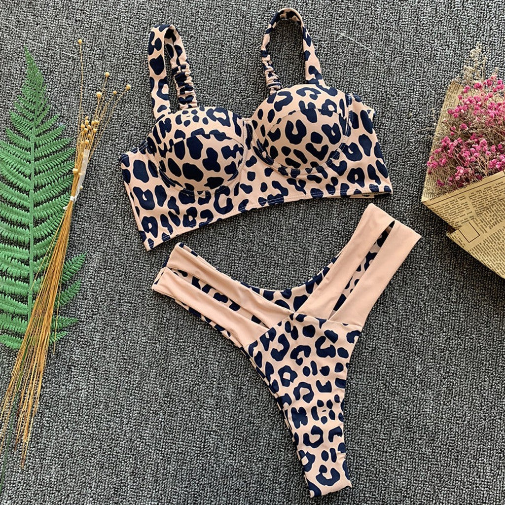 Hollow sexy leopard split swimsuit high waist