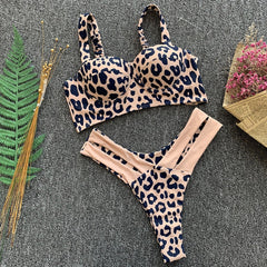 Hollow sexy leopard split swimsuit high waist