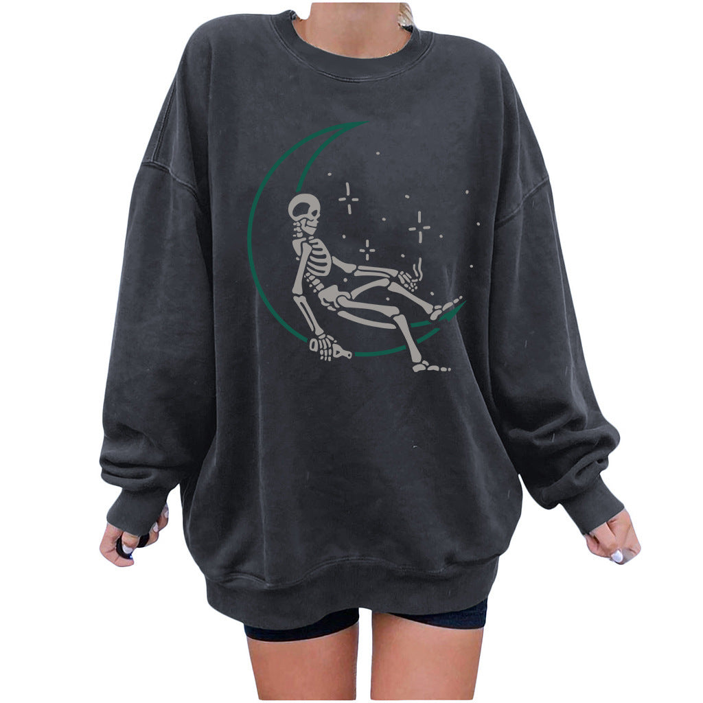 Skull Star Women's Sweater Printed Women's Shoulders Large Size Round Neck Fleece Sweater Women