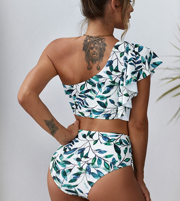 Printed Vacation One-shoulder Ruffled Split Swimsuit