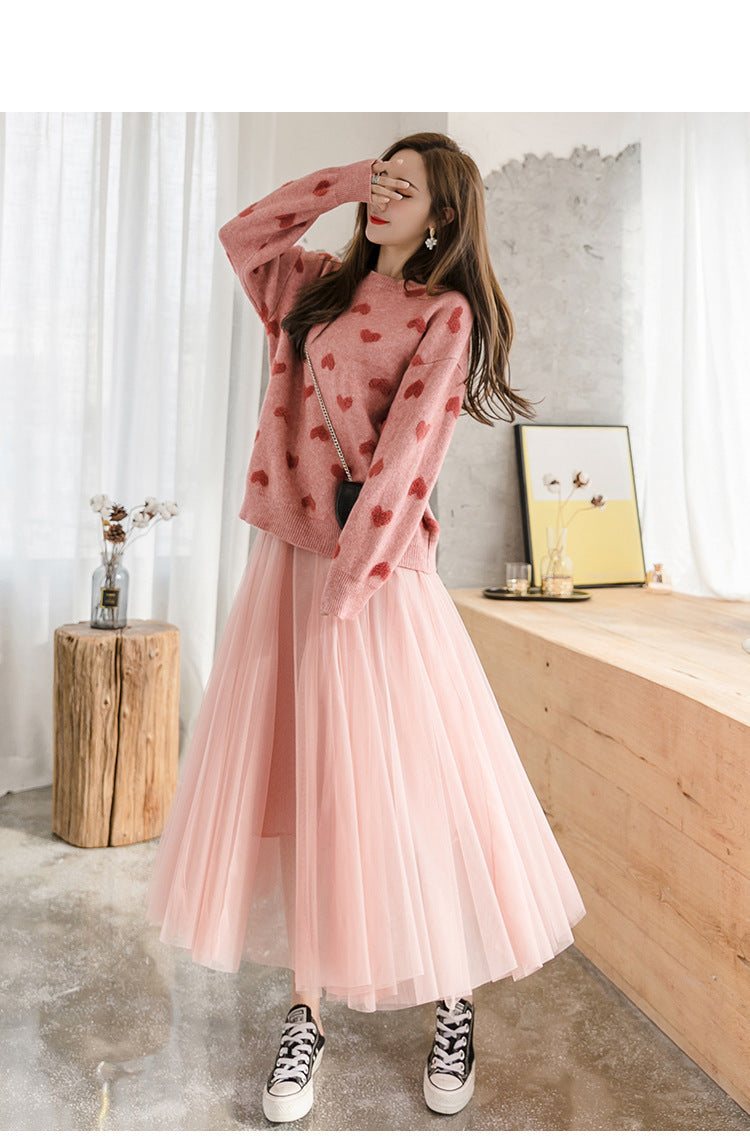 The New Solid Color Large Swing Mesh Skirt Mid-Length Slim Pleated Skirt