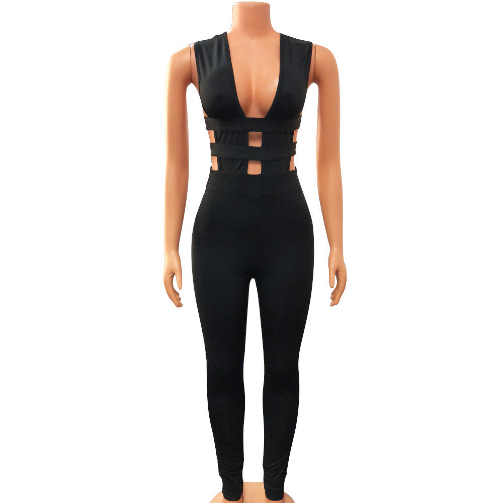 New Women's Fashion Hollow Stitching V-neck Sleeveless Bodysuit