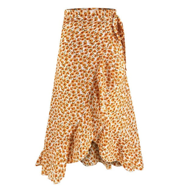 Women's Vintage Boho Maxi Skirt – Yellow Floral Print Rayon Cotton Beachwear with Ruffles and Asymmetrical Split