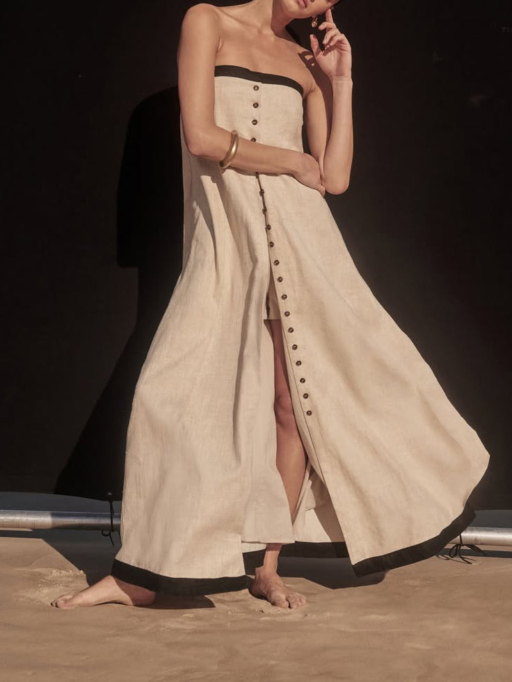 Linen Bandeau Long Top & Shorts Two-piece Set