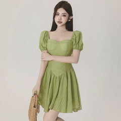 Socialite Style Temperament Square Collar Puff Sleeve Waist-tight Dress