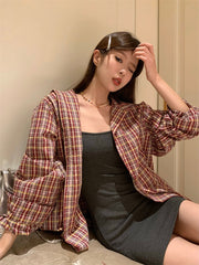 Long Sleeves Outerwear Sun Protection Cardigan - Plaid / Free Size - Hat