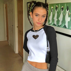 Leopard Heart Print Rotator Sleeve Slim T-Shirt