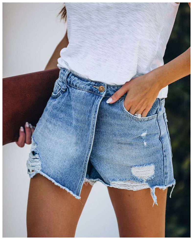 2025 New Women's Summer Casual Ripped Denim Shorts – Solid Color Hole Jeans Skirt-Style Shorts