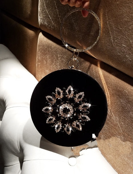 LOLIBOX Women Bags Women Evening Clutch Bags Velvet Diamond Ring Handbags Small Round Clutch Bag Day Party Clutches