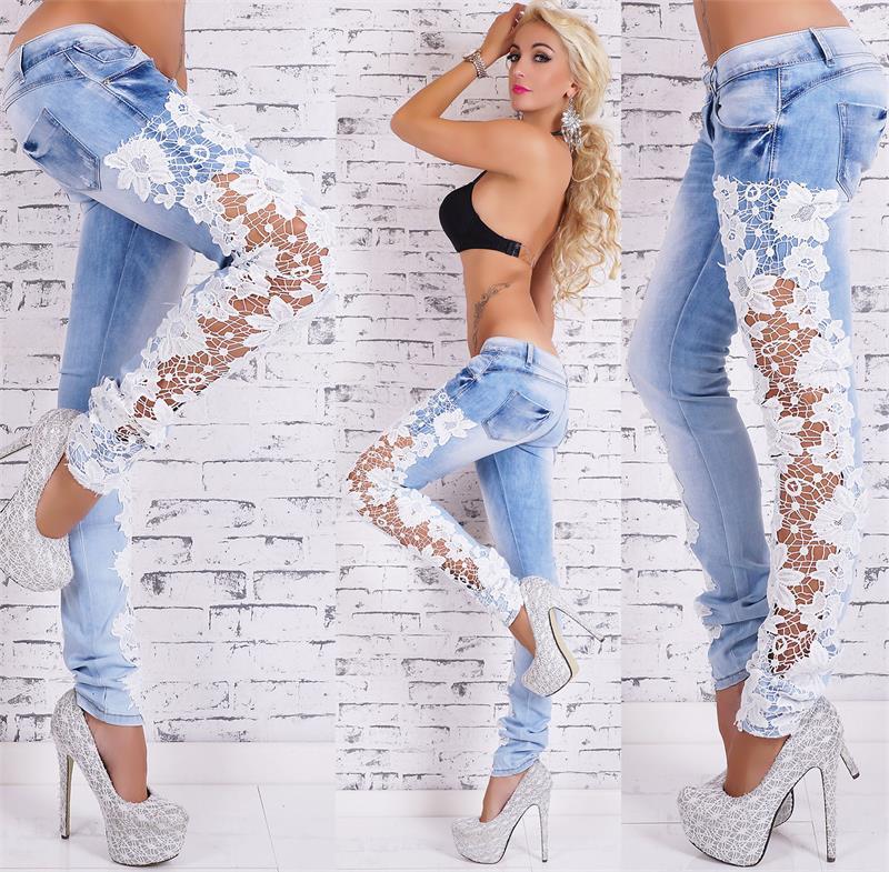 Sexy Stretch Denim Pants with Crochet Lace Detail – Low Rise Skinny Fit